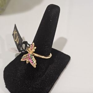 nOir Jewelry Gold Butterfly Ring with Pink and Green Gems